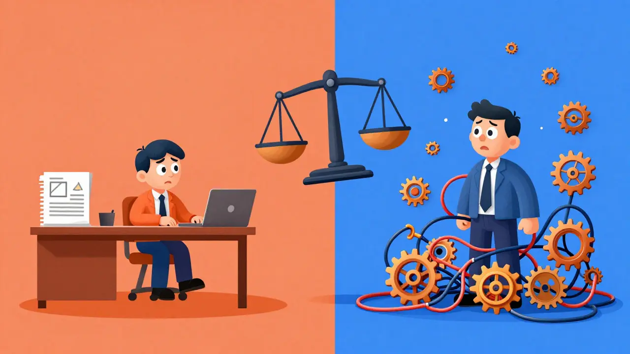Split screen cartoon comparing stable flat fees with complex hybrid billing systems
