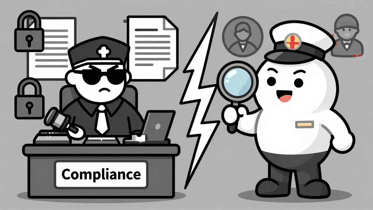 Split screen cartoon: stern judge vs friendly agent, symbolizing compliance vs quality conflict.