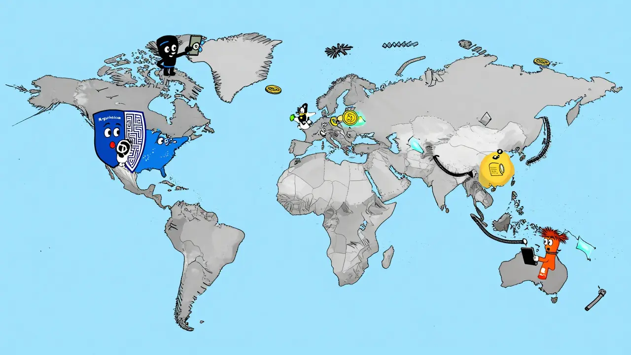 Stylized map showing global crypto adoption and regulatory differences