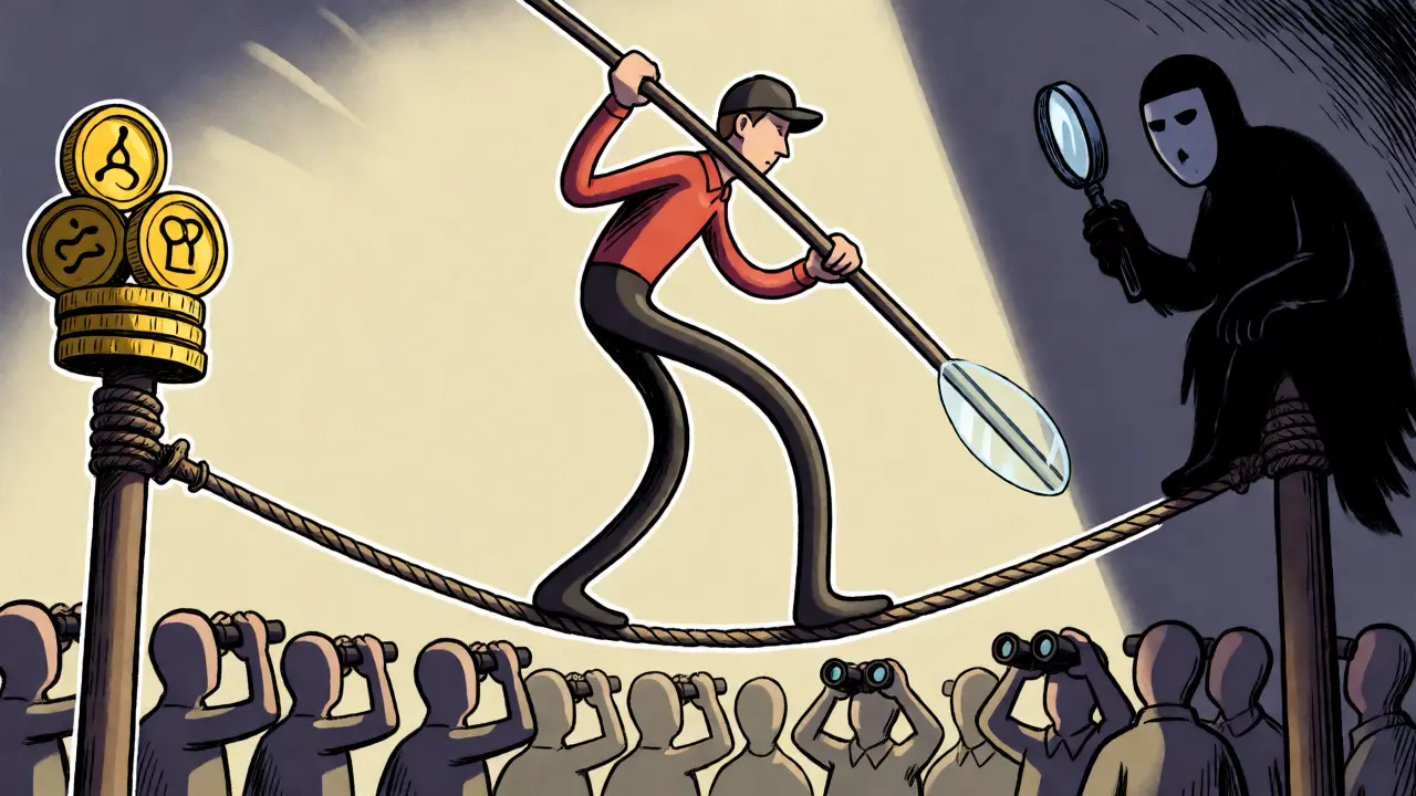 Tightrope walker balancing privacy and fees between two poles while observers watch below.