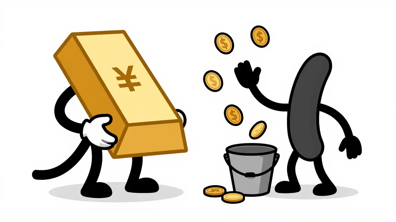 Two cartoon figures comparing flat-rate gold bars vs juggling falling coins