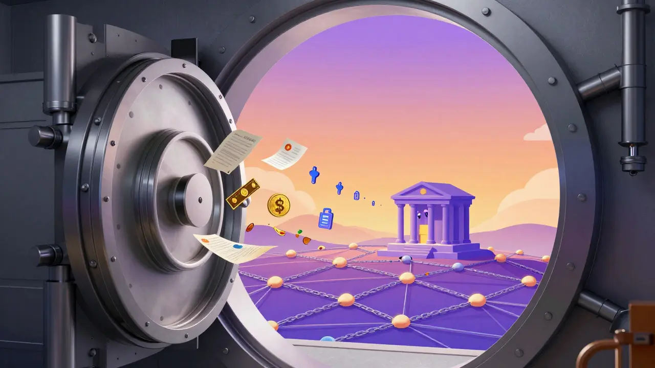 Vault door opening to release digital assets into a global network in cartoon style