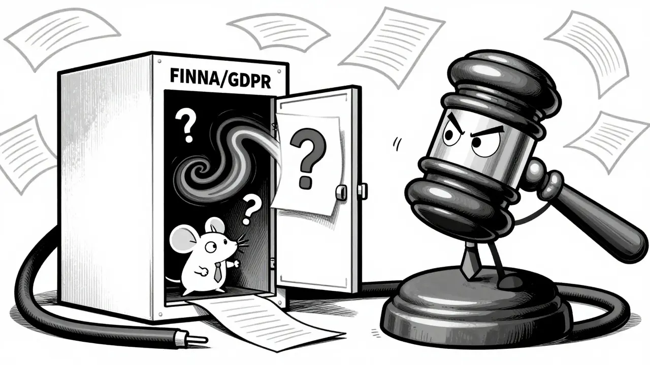 Vintage cartoon gavel and empty file cabinet representing compliance risks