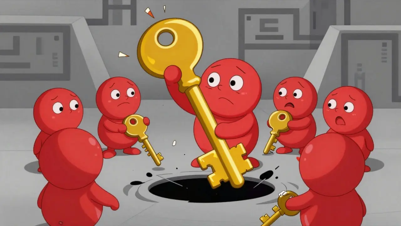 Vintage cartoon illustration of a cracked golden key surrounded by confused characters