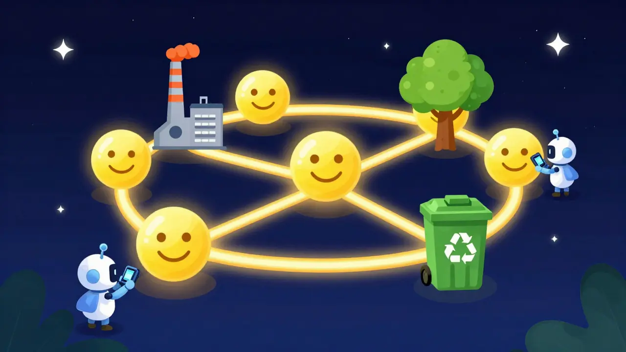 Whimsical rubber hose robots connecting factories and forests via a glowing chain.