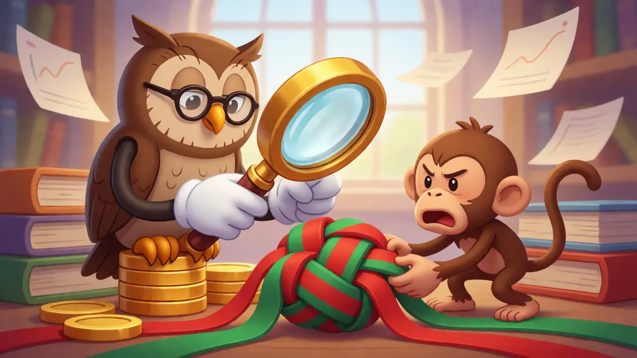 Wise owl analyzing chaotic price ribbons while an agitated monkey struggles.