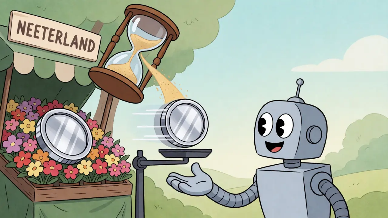 A cartoon robot grabbing a digital token as it descends in price during a Dutch auction.