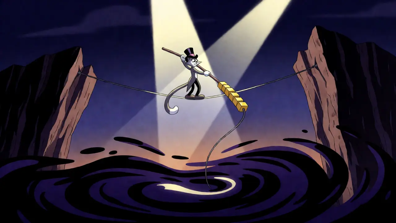 A cartoon tightrope walker balances on a wire above a volatile market vortex.