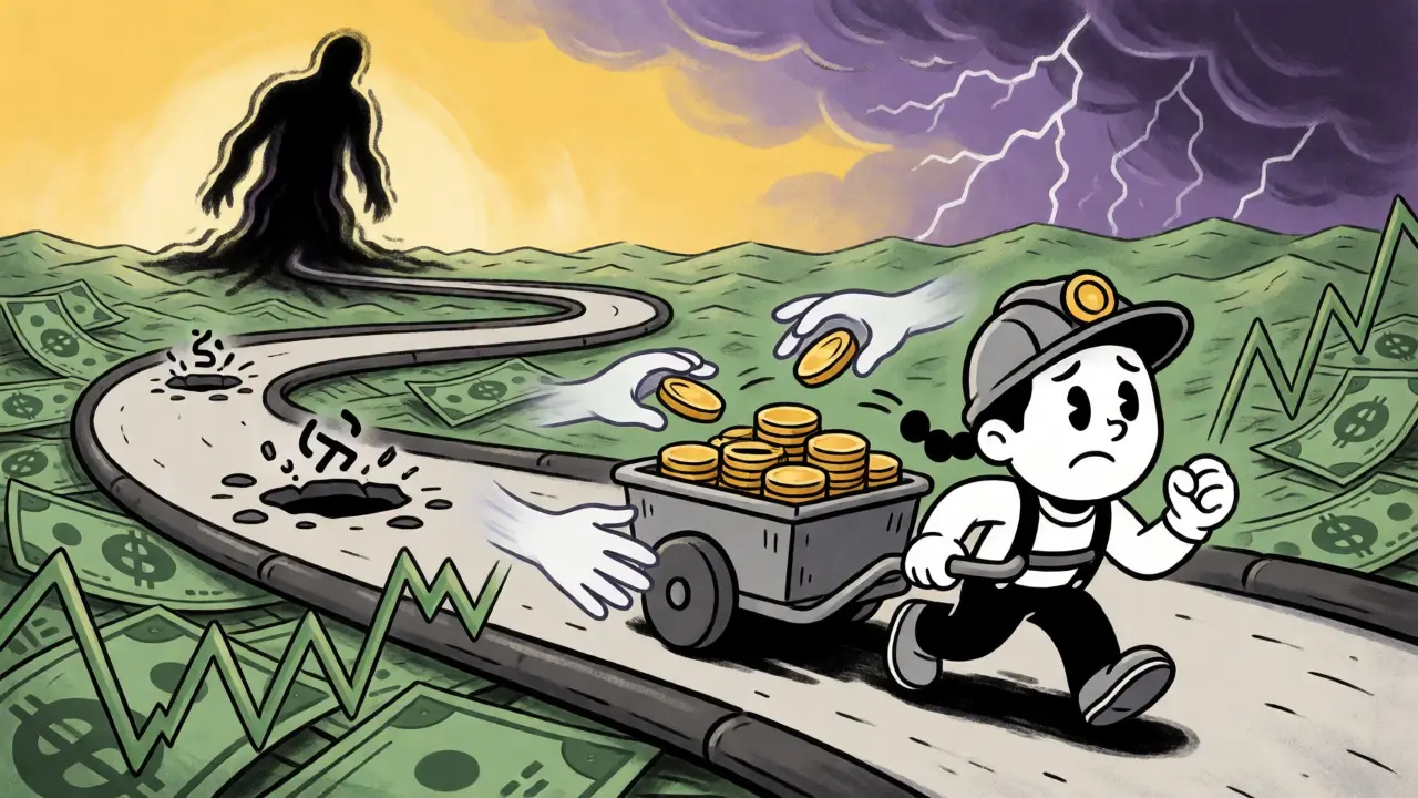 A miner pulling a cart of coins while ghostly hands steal some along a volatile path.