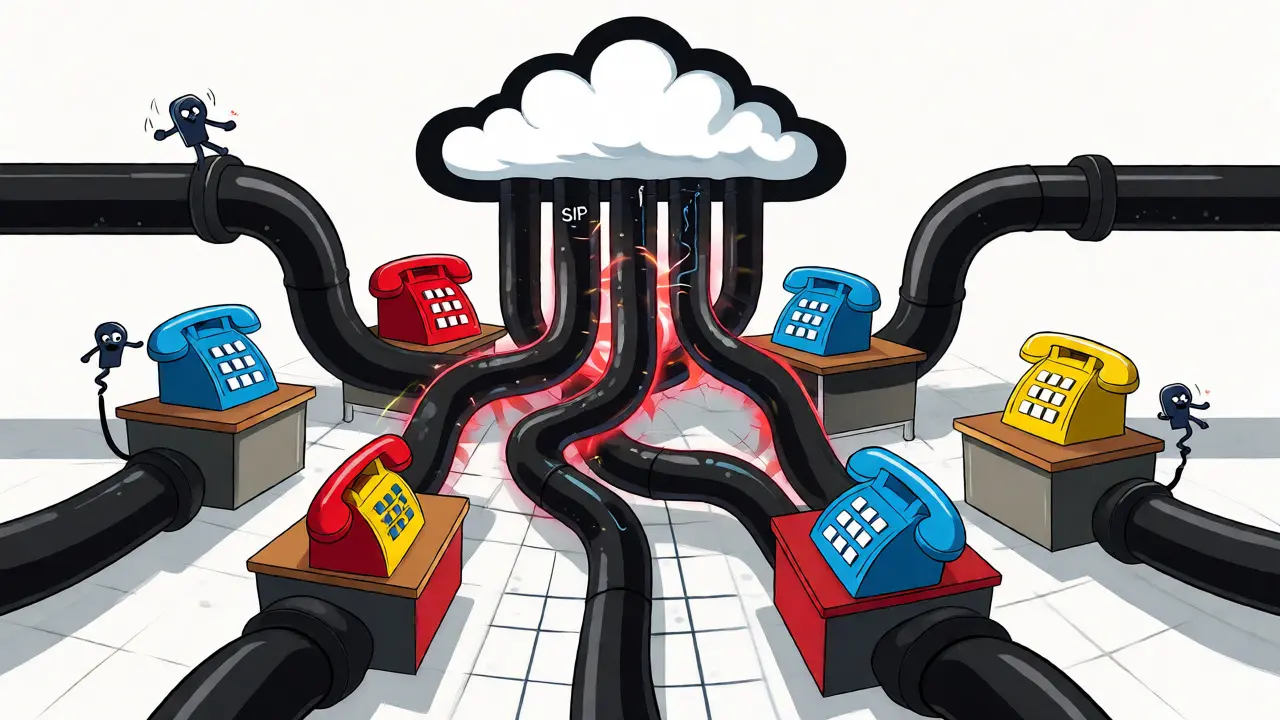 Abstract illustration of VoIP pipes connecting to office phones