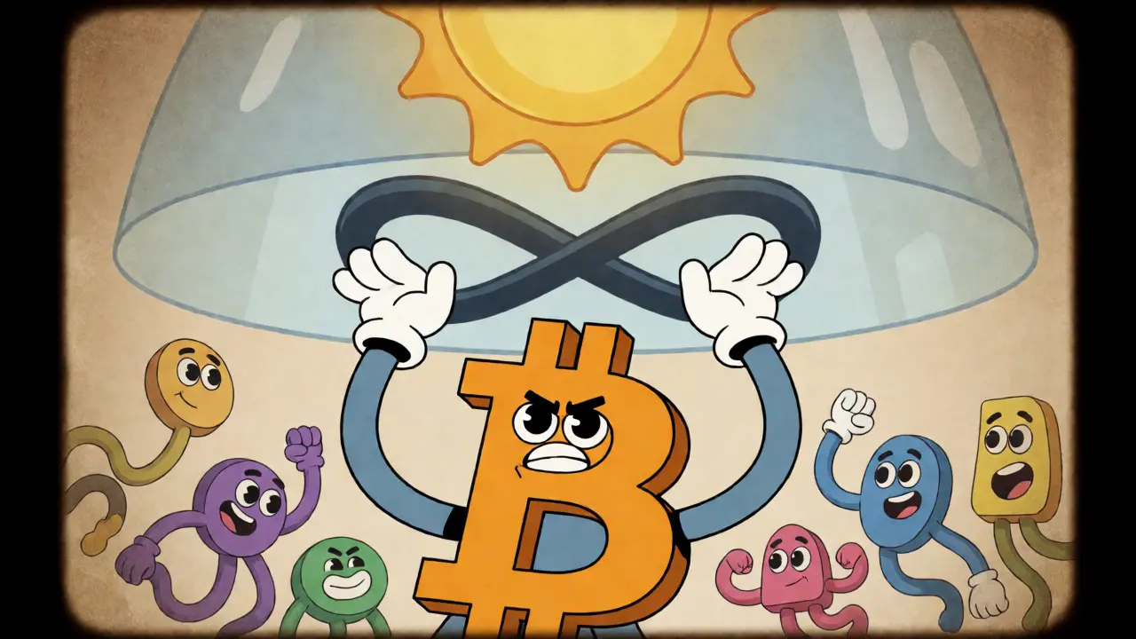 Animated Bitcoin character pushing against a hard ceiling representing max supply.