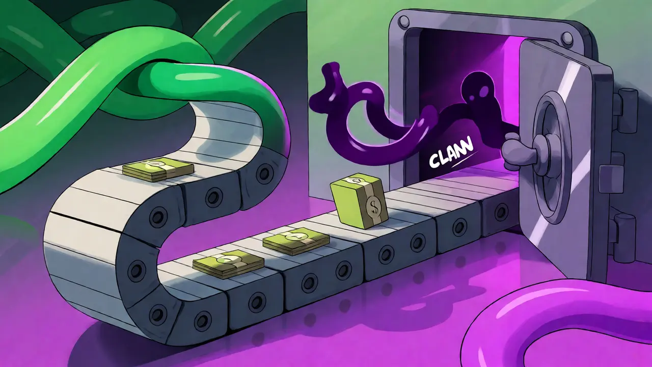 Animated conveyor belt of blockchain blocks locking into a secure vault.
