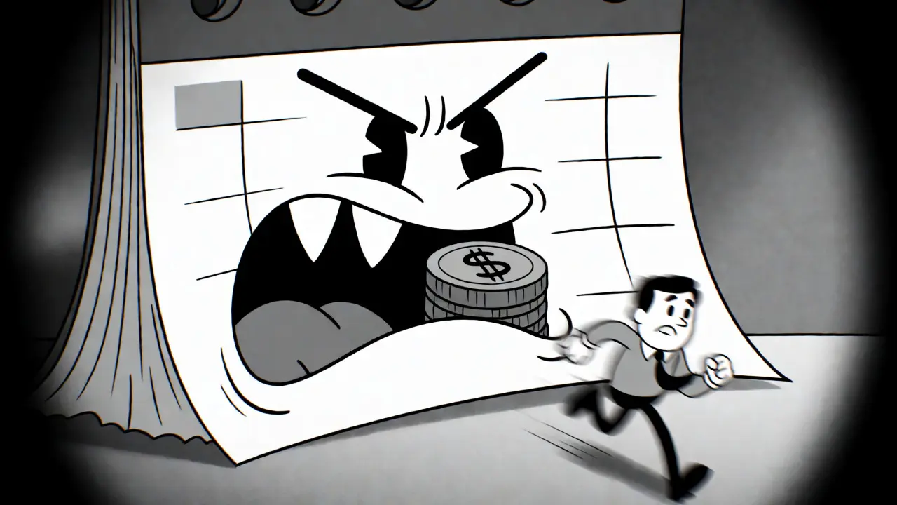 Anthropomorphic calendar monster chasing a fleeing businessman over missed deadlines.