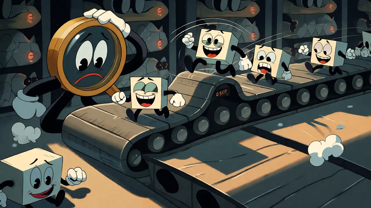 Anthropomorphic data packets falling off a network conveyor belt.