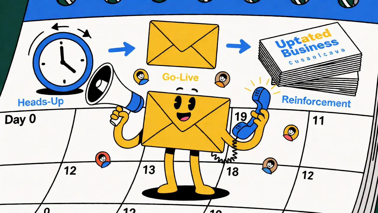 Anthropomorphic envelope character announcing number change on a calendar.