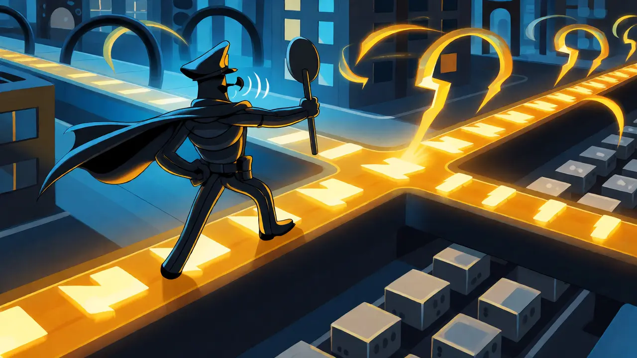 Cable-material traffic cop directing priority voice packets in cartoon