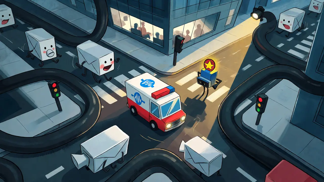 Cartoon ambulance navigating traffic jams to represent VoIP QoS priority lanes.