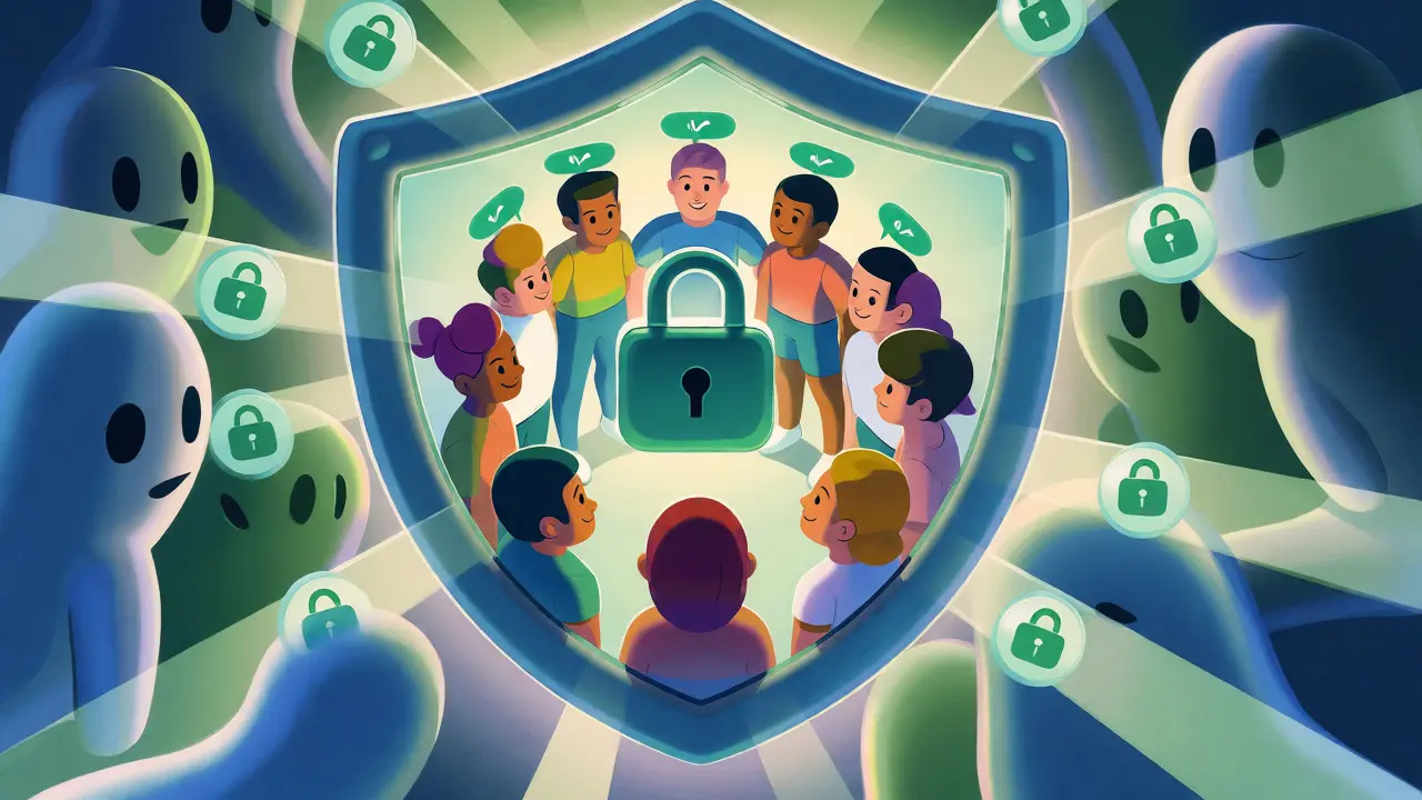 Cartoon avatars protected by a security shield showing available status.