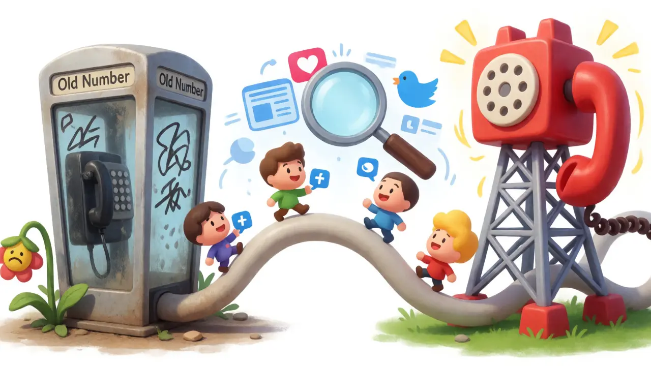 Cartoon bridge connecting an old phone booth to a new phone tower for customers.