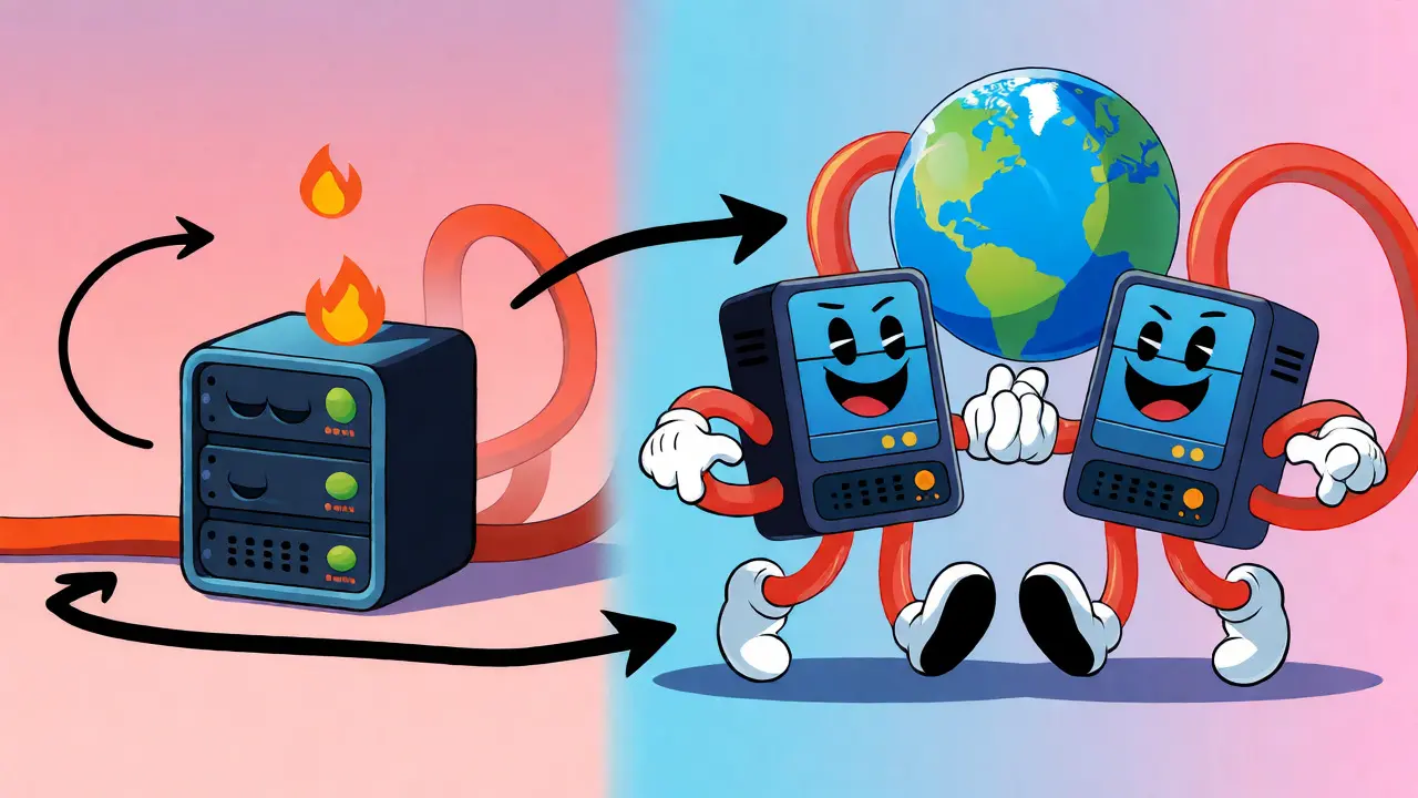 Cartoon illustration comparing pilot light and active-active server architectures