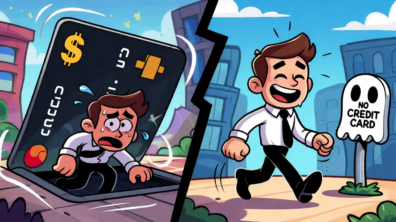 Cartoon illustration contrasting a trapped user with a free user regarding credit cards.