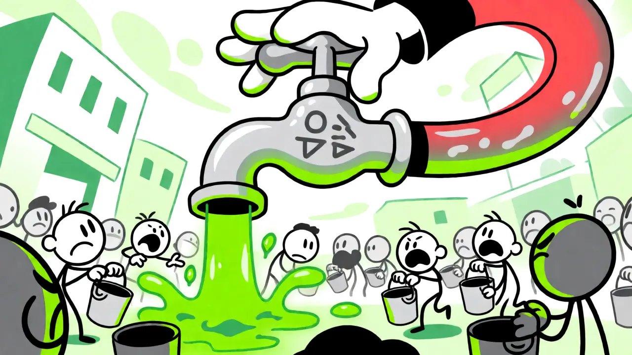 Cartoon illustration of a faucet dripping tokens onto panicked investor figures.