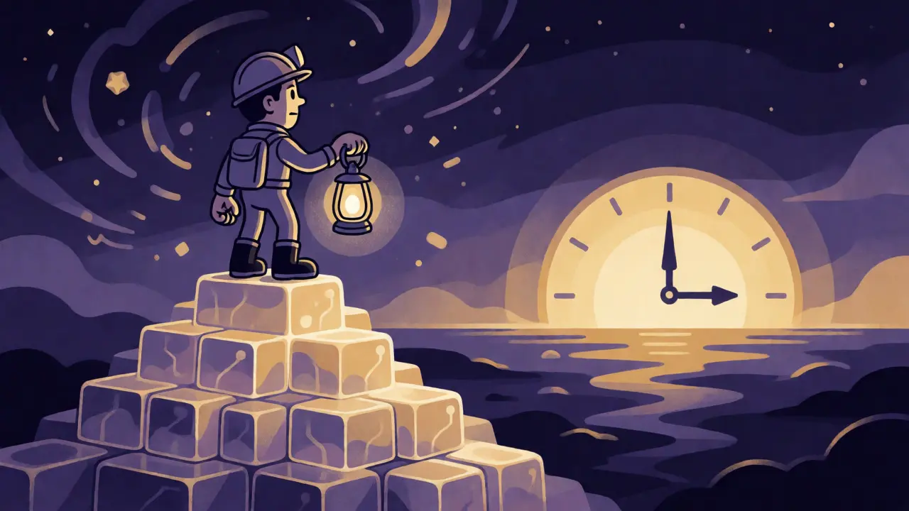 Cartoon miner on a block mountain holding a fee lantern against a fading sunset.