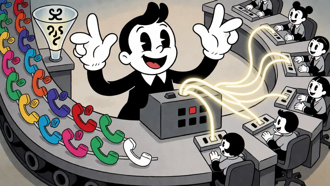 Cartoon switchboard operator efficiently routing calls