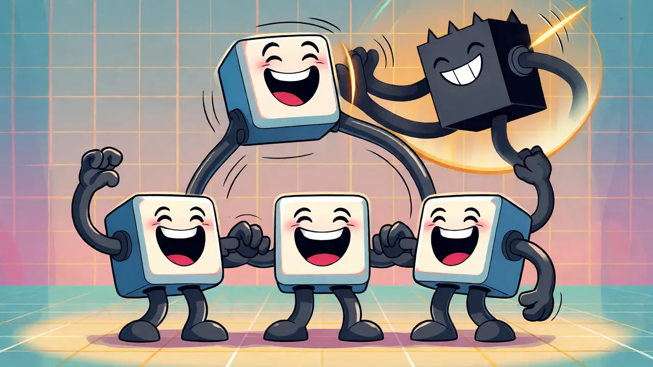 Cartoon validator robots blocking a faulty node to show BFT consensus rules.