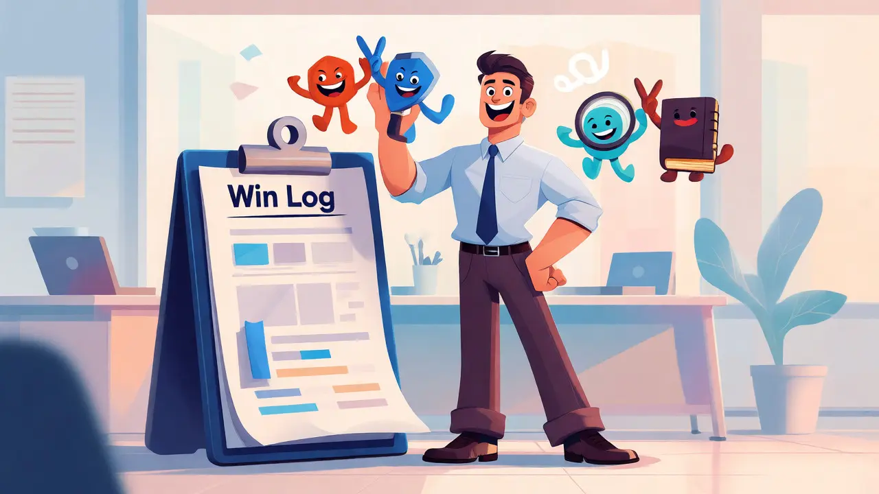 Confident trader celebrating small wins with icons