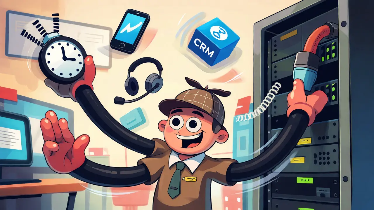 Detective cartoon character juggling phone, headset, and clock icons during a VoIP test.