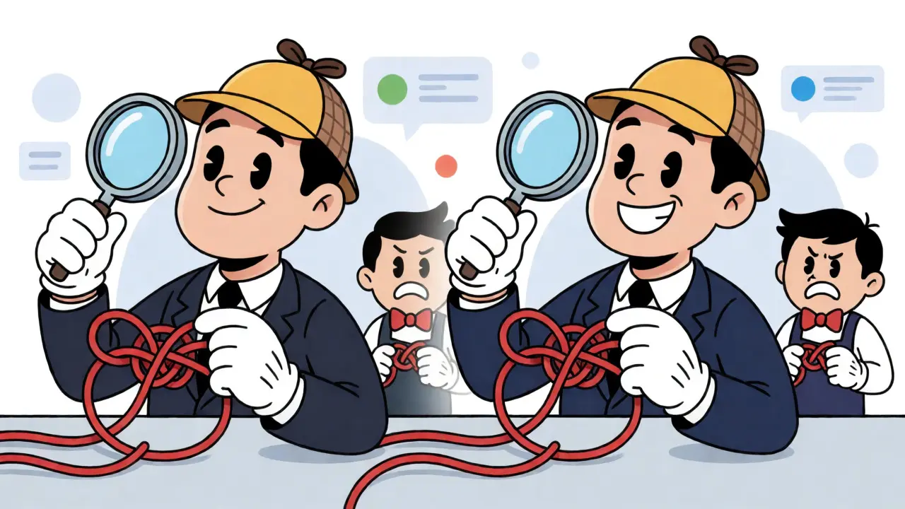 Detective cartoon character untangling contract knots while a vendor looks on.