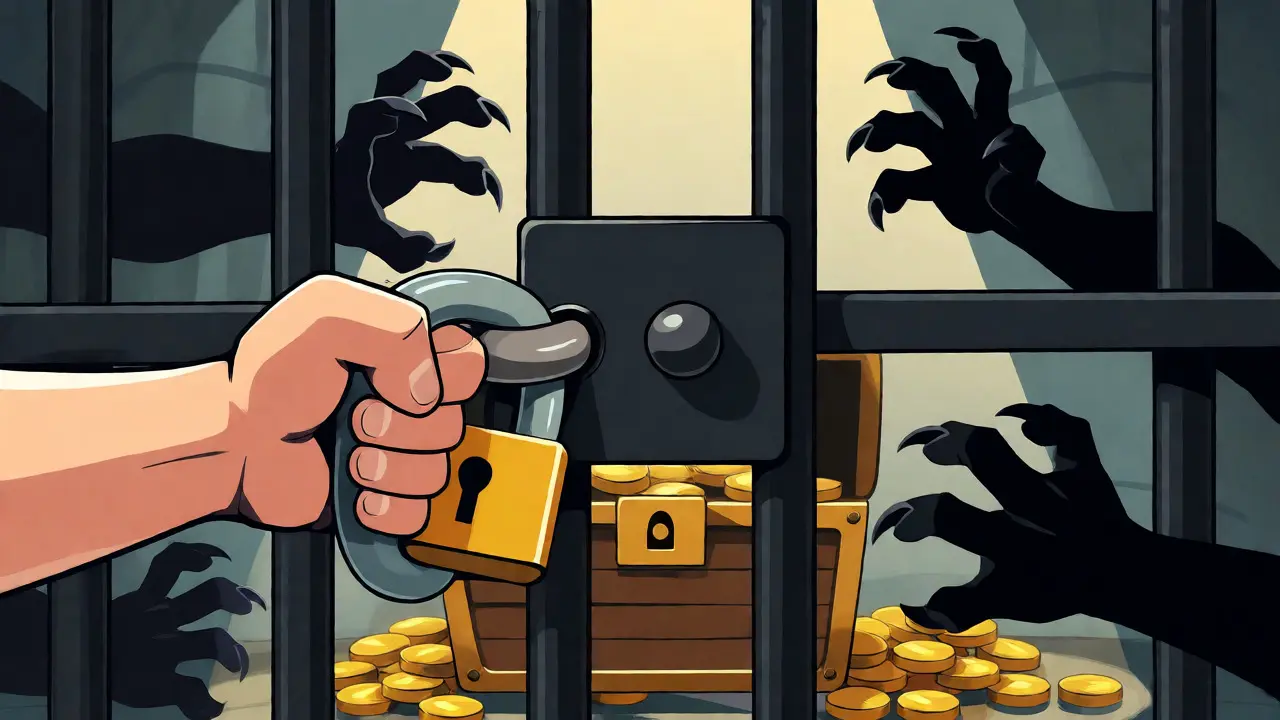 Locked gate protecting crypto treasure from reaching scammer hands
