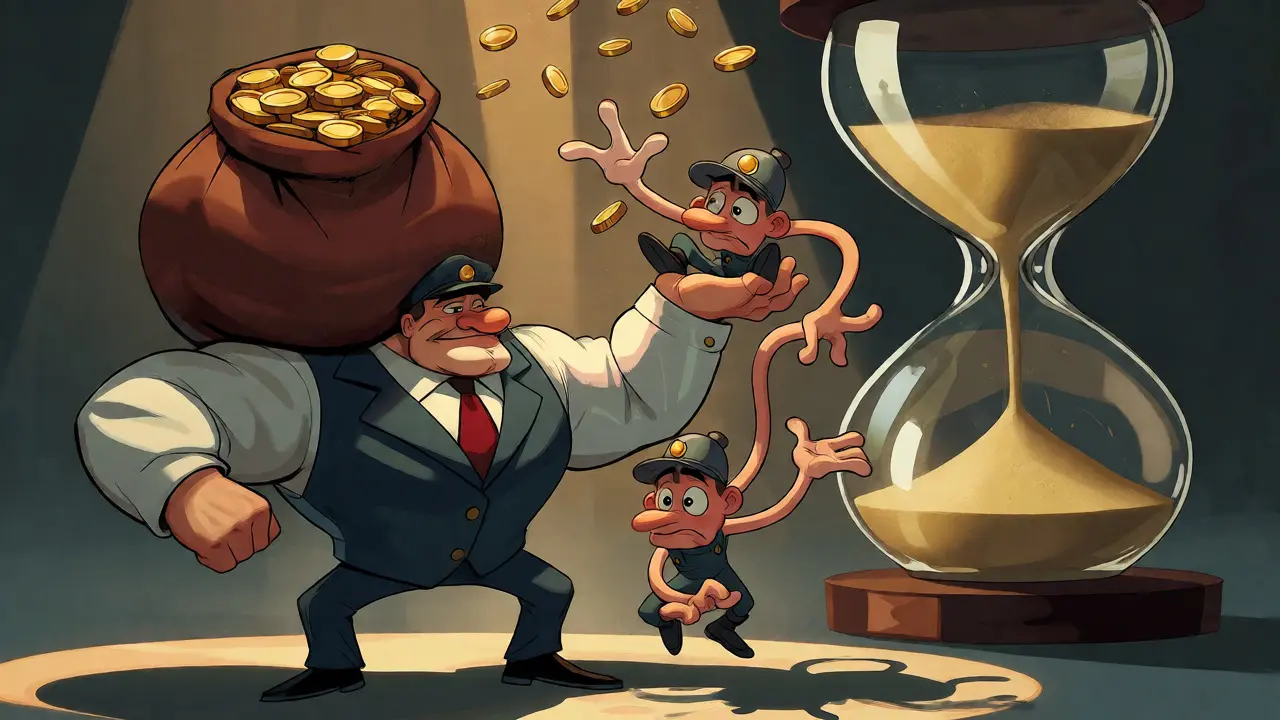 Pool operator juggling miners and gold sacks, illustrating risk distribution in mining pools.