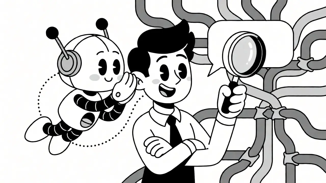 Retro cartoon robot assisting an agent with AI guidance
