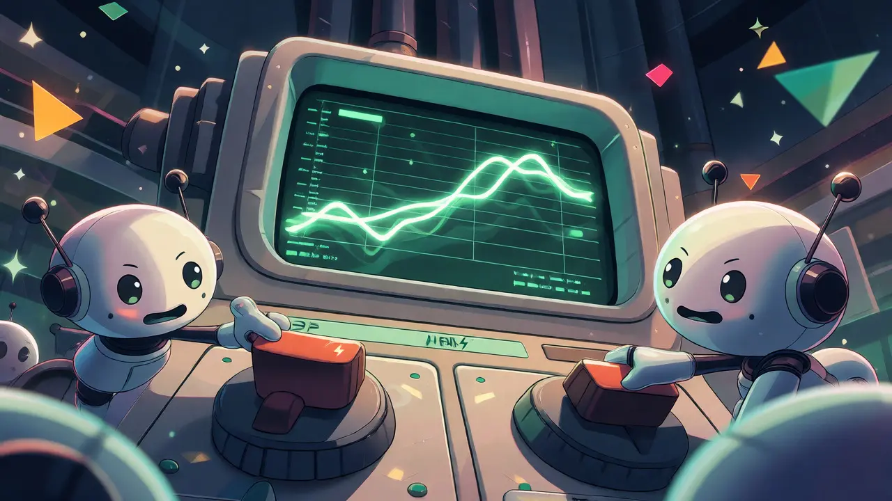 Retro-futuristic robots managing real-time VoIP data streams on a control panel.