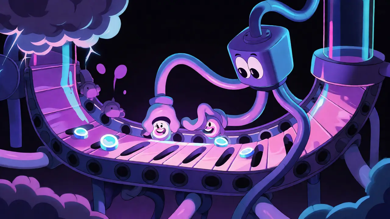 Robotic smart contract managing concentrated liquidity in a whimsical factory.