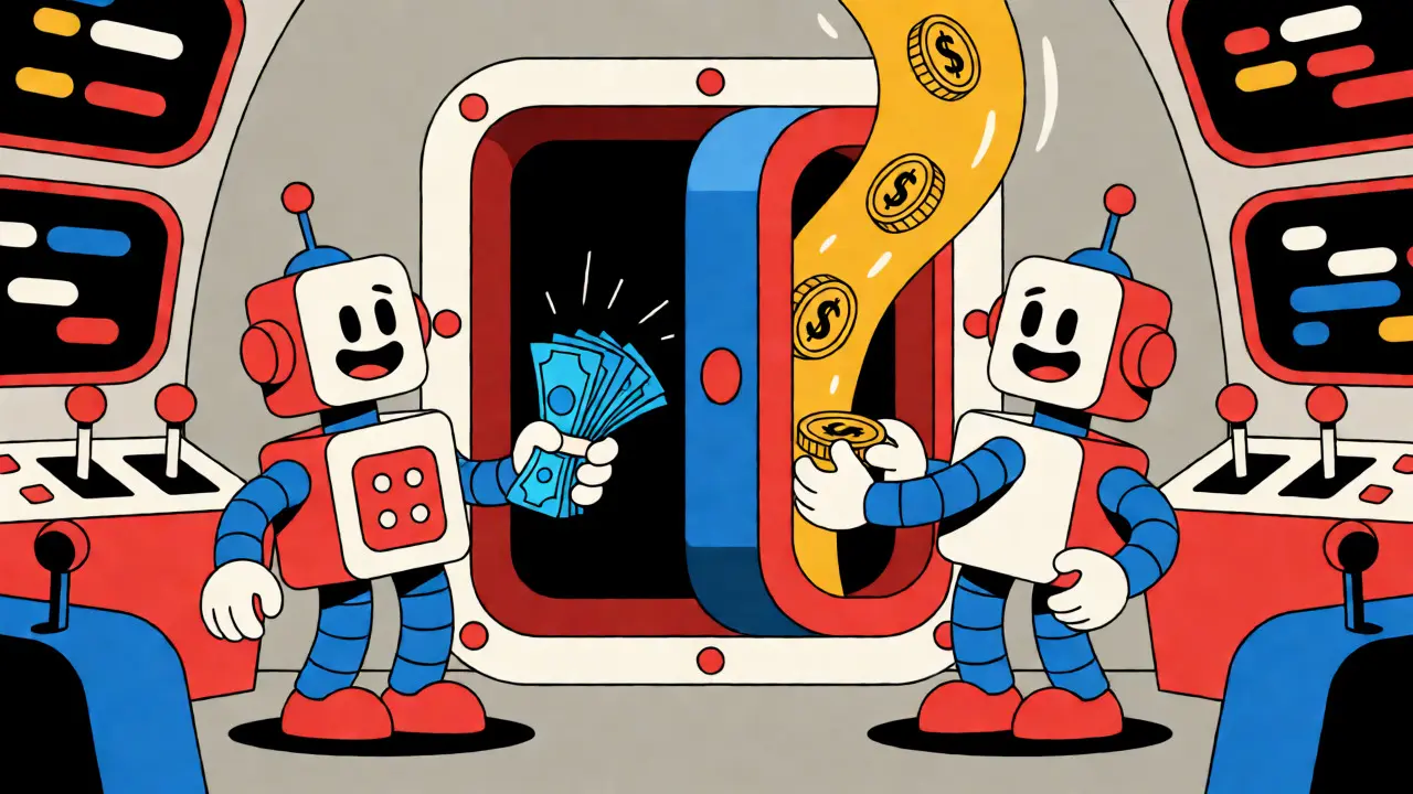 Robots exchanging cash for coins at a stylized decentralized vault in cartoon style.