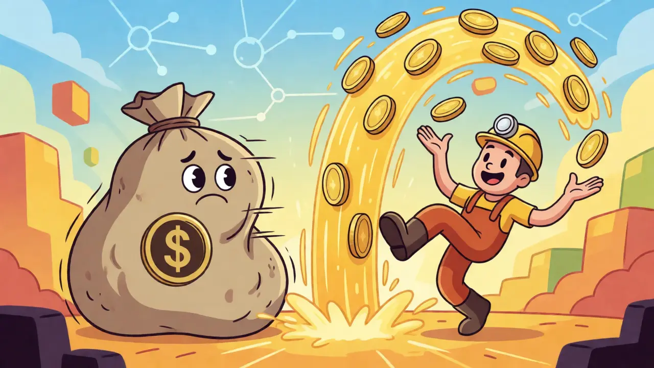 Rubber hose style miner juggling fee coins while a subsidy sack shrinks nearby.