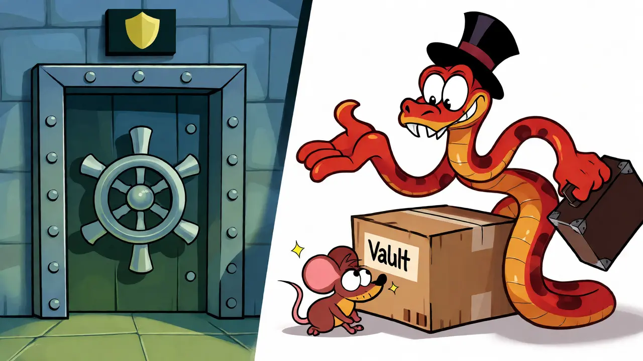 Sly cartoon salesman pitching a fake vault next to a secure real one