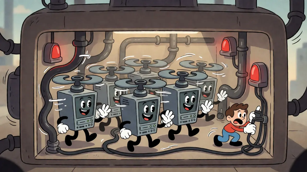 Smiling server machines sweating in a busy data center with twisting steam pipes.