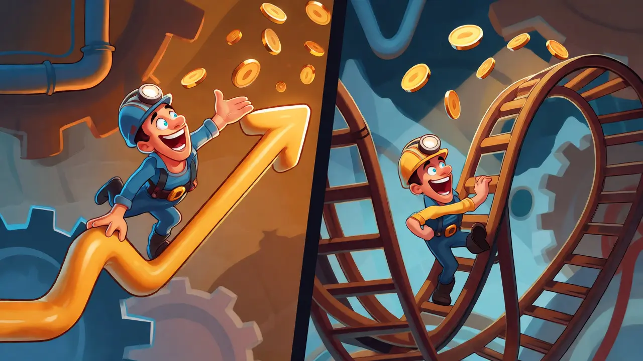 Split view comparing steady FPPS earnings line against volatile PPLNS rollercoaster ride.