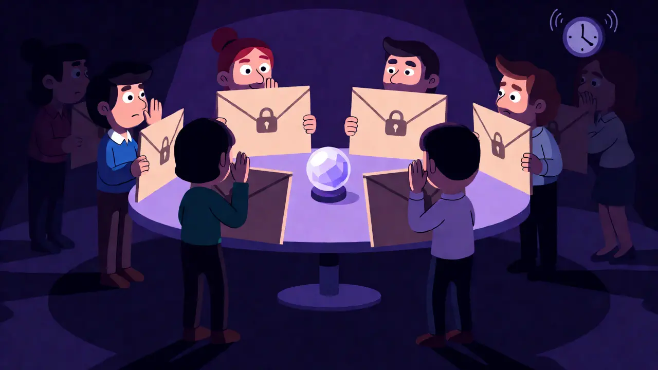 Suspicious cartoon bidders holding sealed envelopes in a dimly lit room for a private auction.