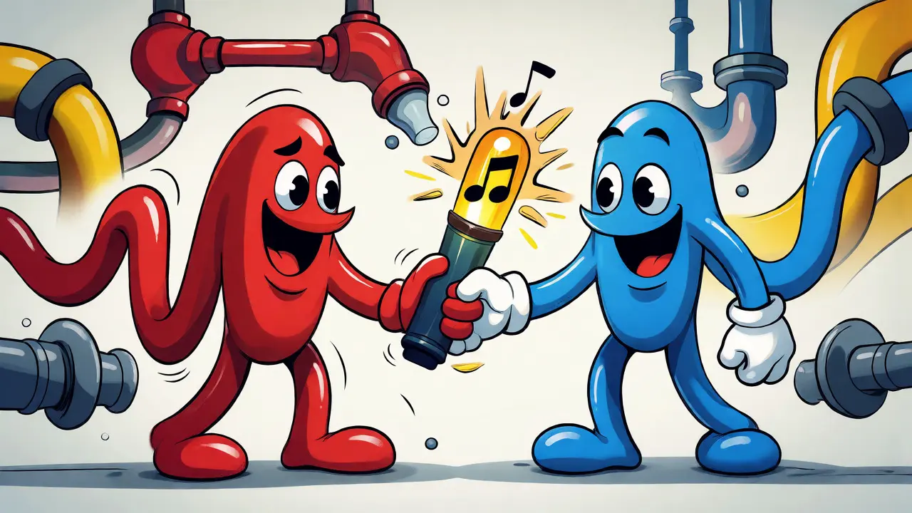 Two anthropomorphic audio waves swapping roles in a stylized digital handshake