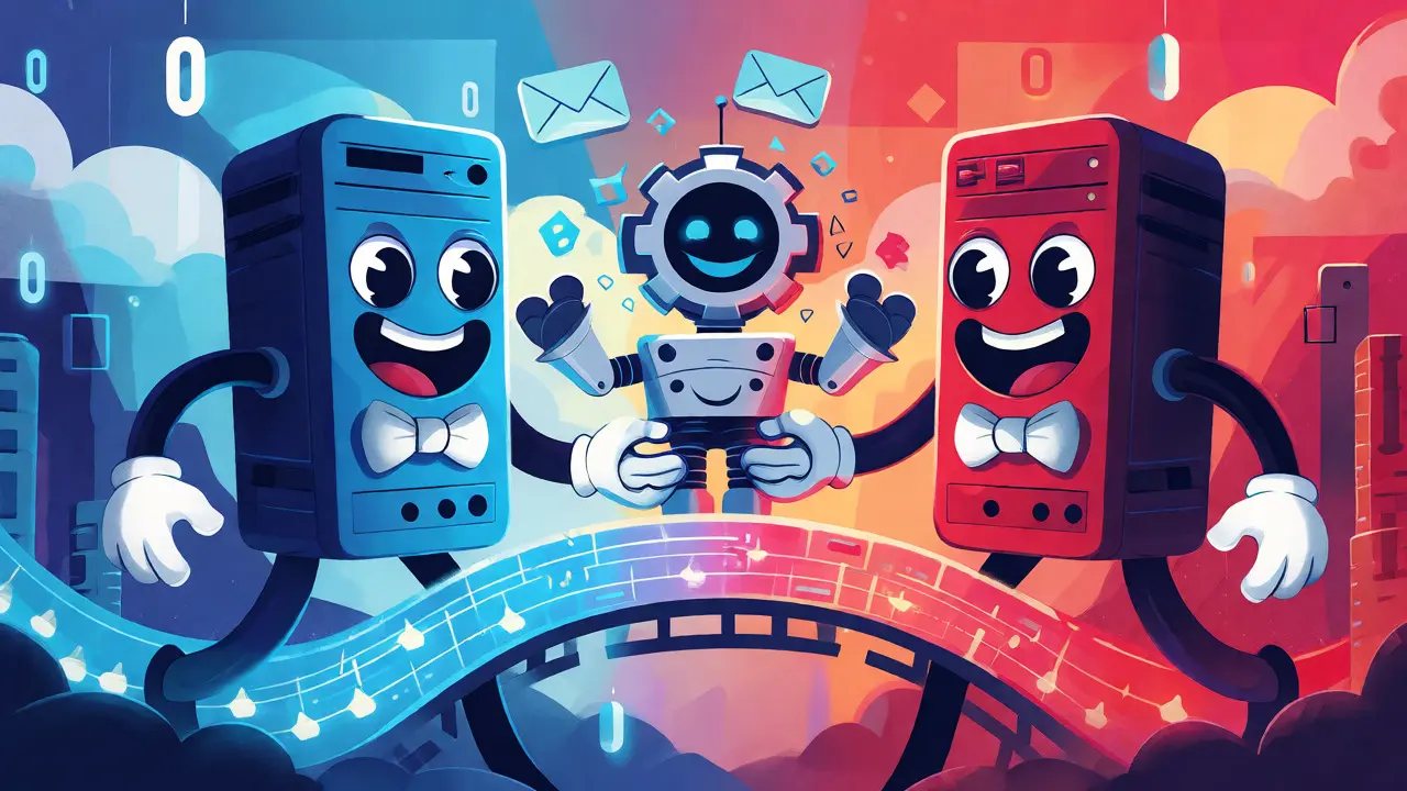 Two server towers connected by a robot translator in rubber hose animation.