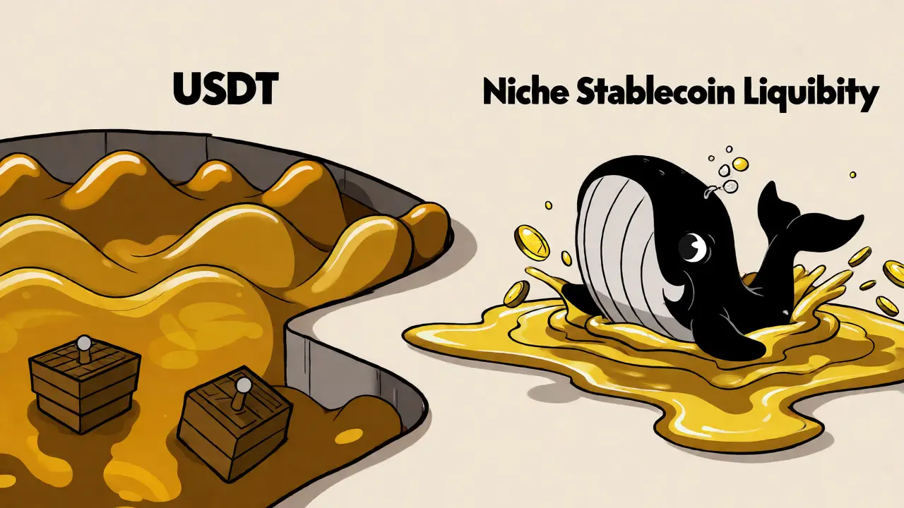 Whale struggling in shallow liquidity pool versus swimming in deep USDT pool.