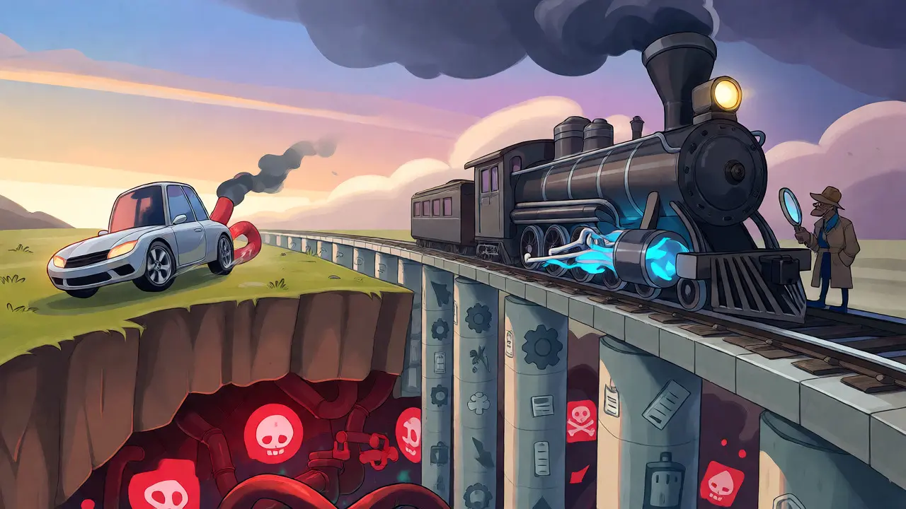 A stable train on utility tracks vs a hyped car crashing off a cliff.