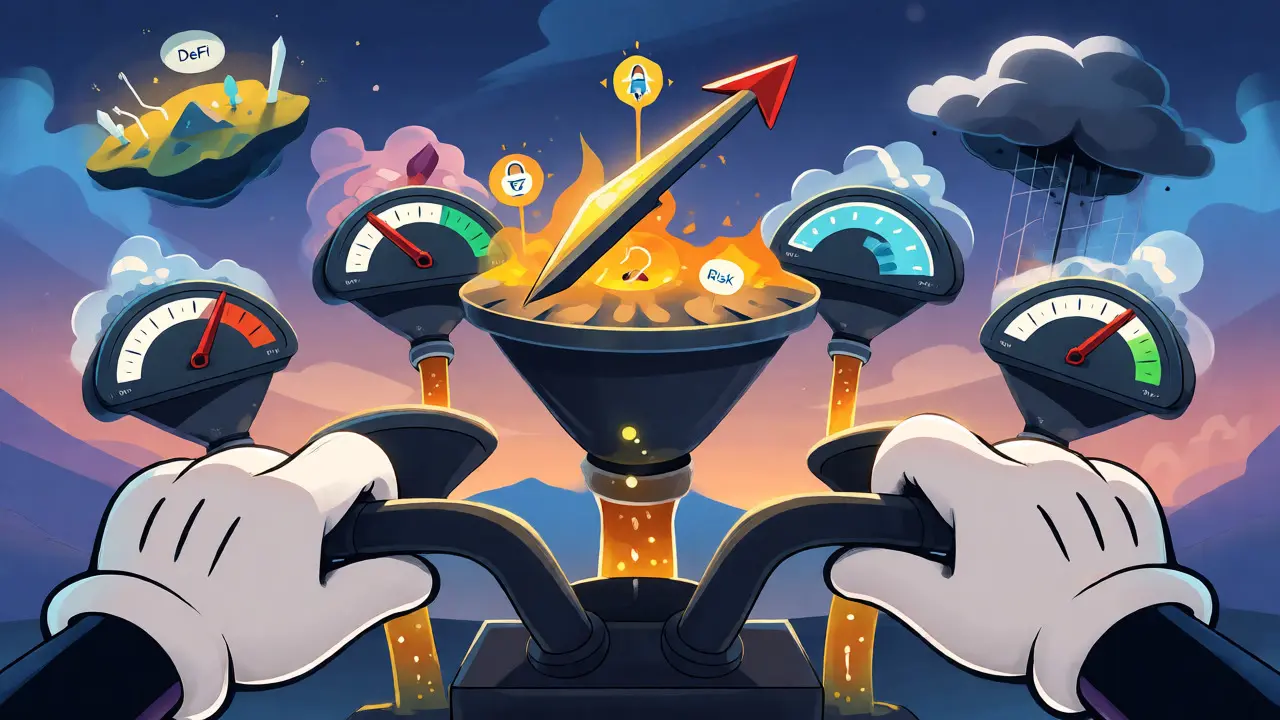 A whimsical cartoon dashboard with animated gauges guiding capital rotation strategies.