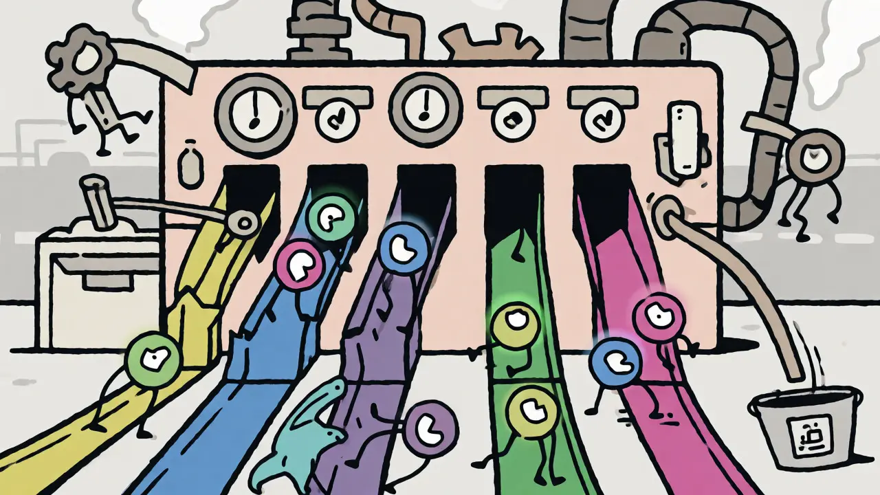 Animated data sprites sorting call records in a whimsical machine