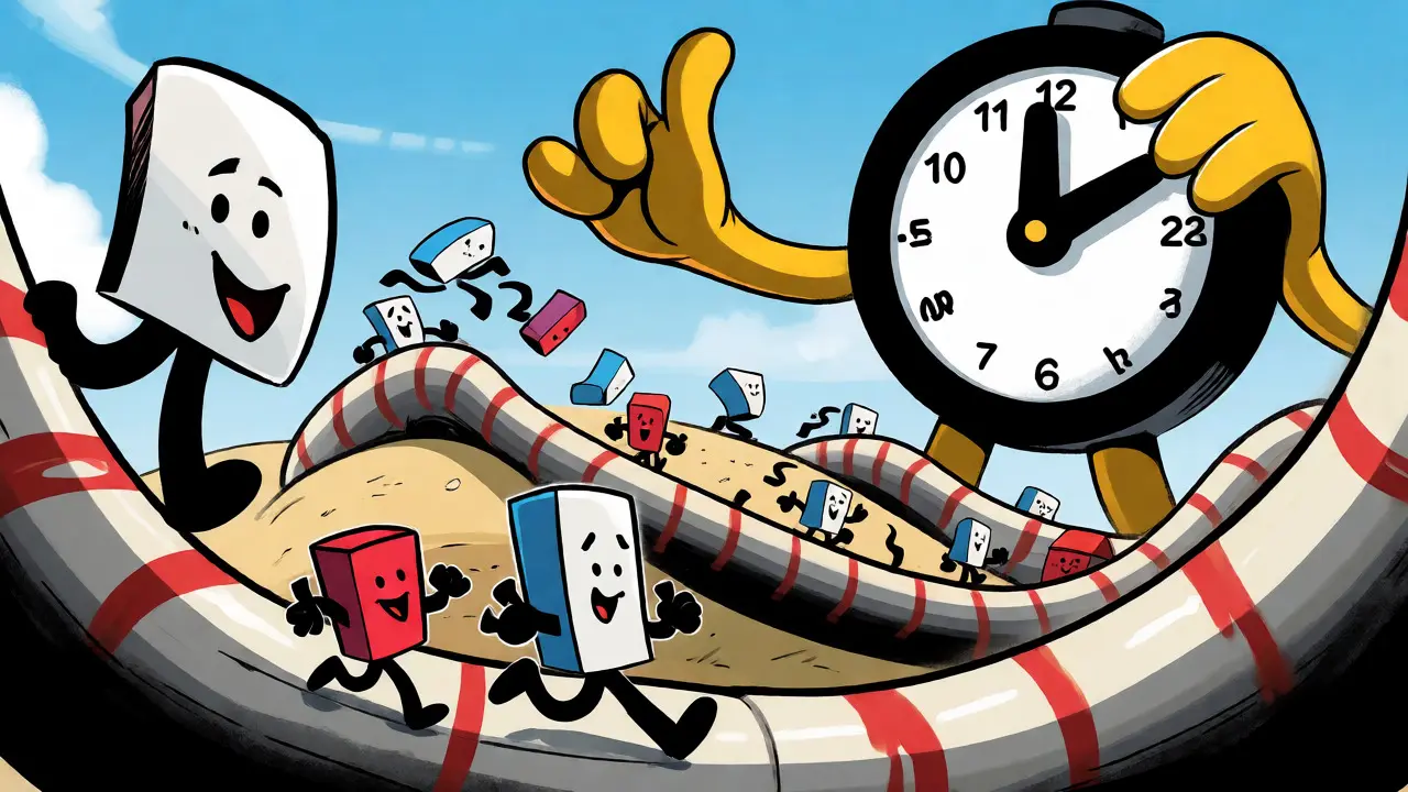 Anthropomorphic data packets racing on a track representing network jitter and loss.